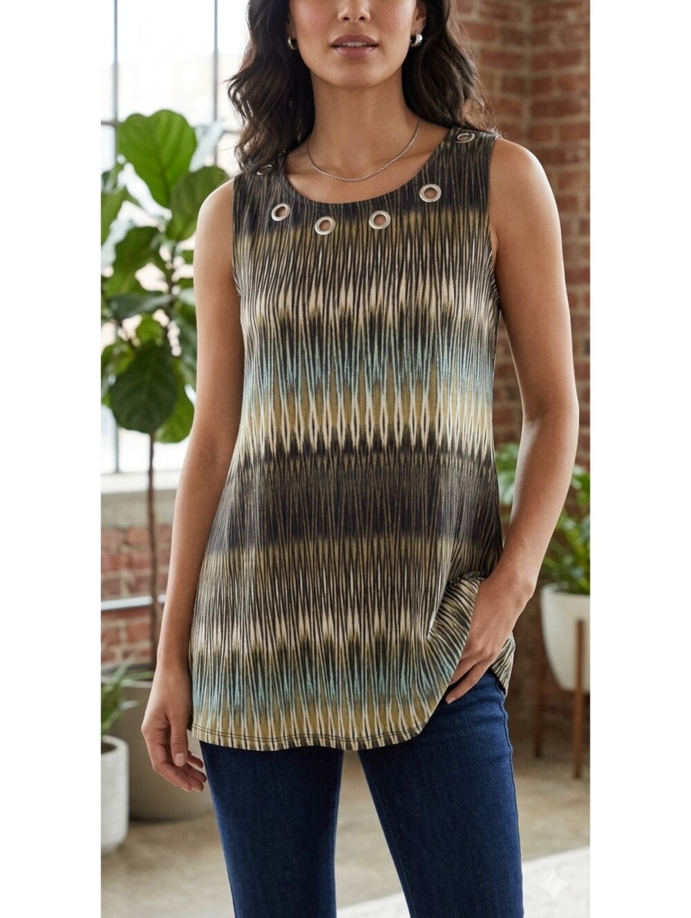 Woman's Sleeveless Multicolored Ikat Print with Metal Grommet Embellishments Top
